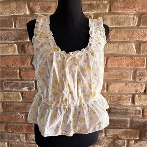 H&M White and Yellow Floral Blouse with Ruffle Trim